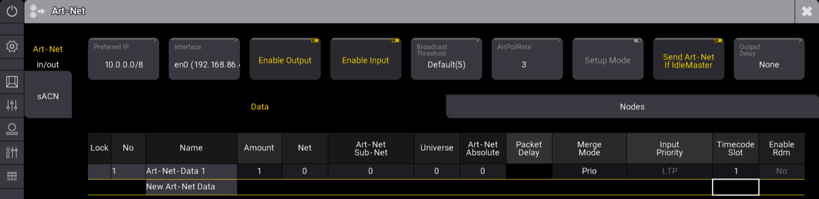 grandMA3 Art-Net menu with Enable Input on and an Art-Net row with Timecode Slot 1