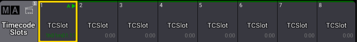 grandMA3 Timecode Slots pool with slot 1 receiving Art-Net timecode at 1h01m01