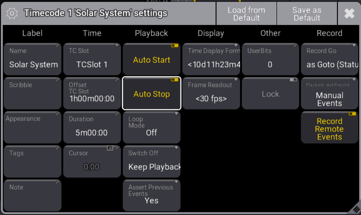 grandMA3 timecode show settings: TC Slot TCSlot 1, Offset TC Slot 1h00m00:00, Duration 5m, Auto Start and Auto Stop on