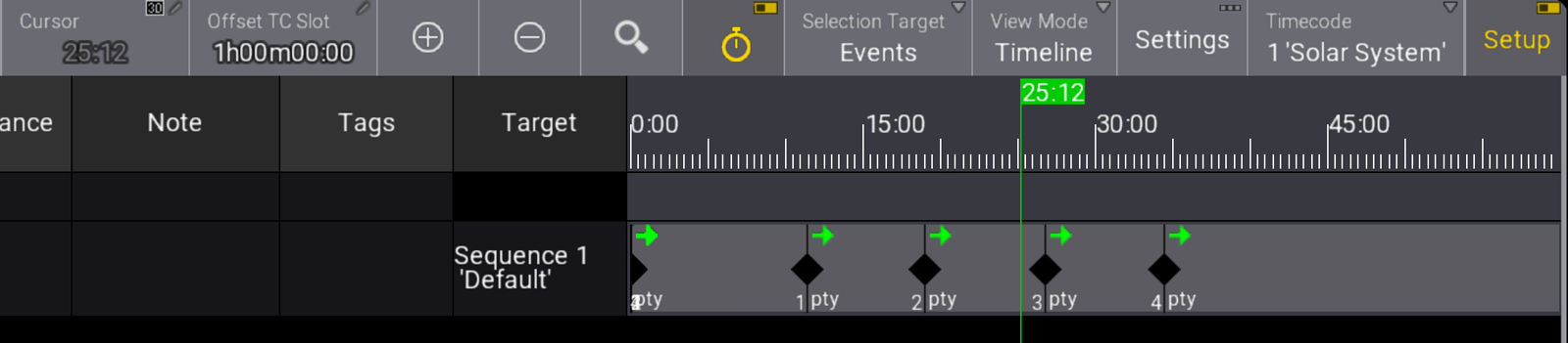 grandMA3 Timecode Viewer showing recorded Go events for Sequence 1 in the first 25 seconds of the song