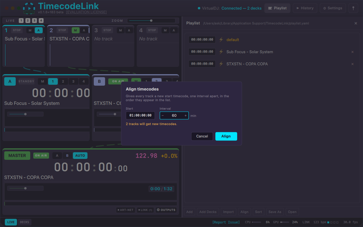 TimecodeLink Align dialog with start 01:00:00:00 and a 60 minute interval