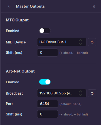 TimecodeLink Master Outputs panel with Art-Net Output enabled and Broadcast set to 192.168.86.255 (en0)