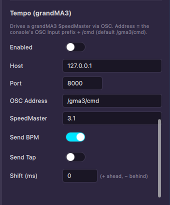 TimecodeLink Tempo (grandMA3) output settings with port 8000, OSC address /gma3/cmd and SpeedMaster 3.1