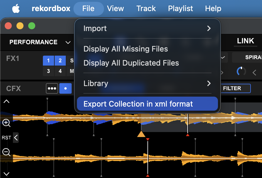 Rekordbox File menu with Export Collection in xml format highlighted