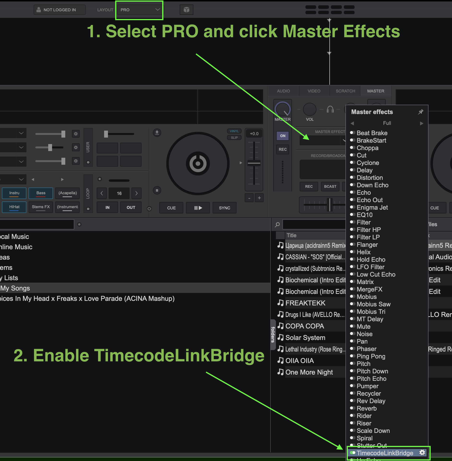 VirtualDJ PRO layout with the Master Effects list open and TimecodeLinkBridge enabled at the bottom